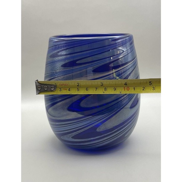 1992 Frederick Warren Art Cobalt Blue Glass Vase w/ Swirls of Blue & Silver - Picture 12 of 12